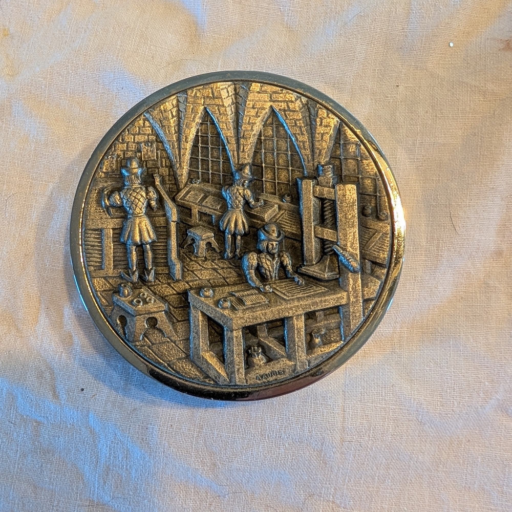 2/90$ Vintage Silver-Tone Round Paperweight with Workshop Relief